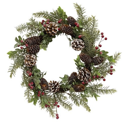 Frosty Cedar Pinecone & Red Berry Wreath 20"