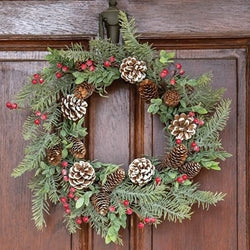 Frosty Cedar Pinecone & Red Berry Wreath 20"