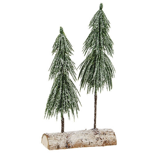 Snowy Pine Tree Pair on Log