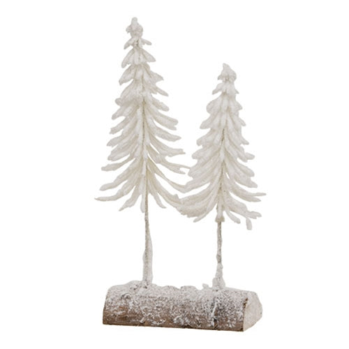 Heavy Flocked White Pine Tree Pair on Log