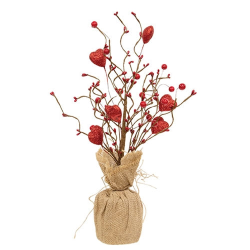 Red Glitter Heart & Berries Tree w/Burlap Base - 17"H