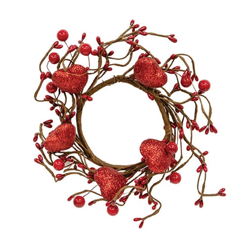 Red Glitter Heart & Berries Candle Ring - 3.5"