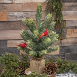 Glittered Pine Tree With Cardinals in Burlap Base