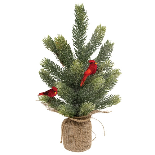 Glittered Pine Tree With Cardinals in Burlap Base