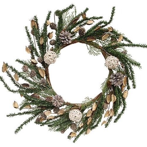 Birch Cone Pod & Glitter Rattan Ball Pine Wreath