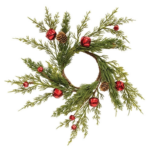 Mixed Evergreens & Red Jingle Bells Candle Ring 3.5"