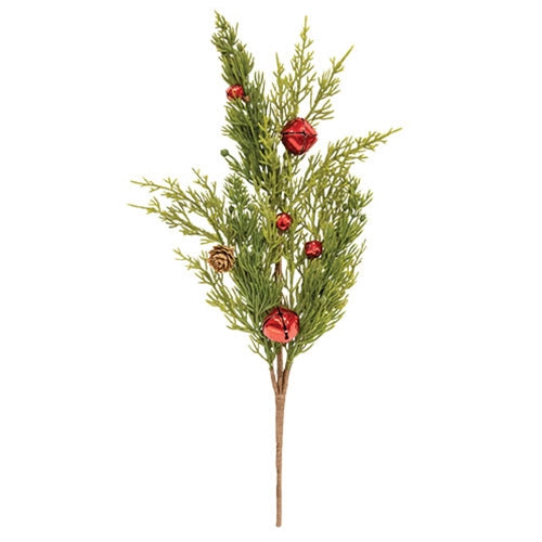 Mixed Evergreens & Red Jingle Bells Candle Pick 16"