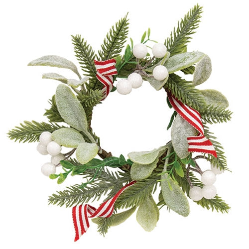 Flocked Lamb's Ear w/White Berries & Peppermint Ribbon Candle Ring 3.5"