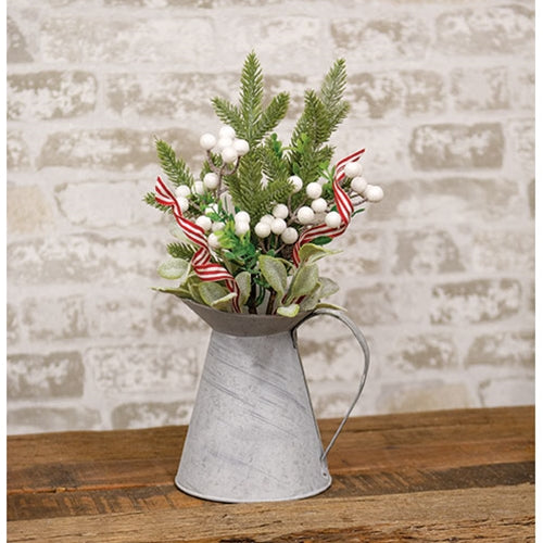 Flocked Lamb's Ear w/White Berries & Peppermint Ribbon Spray 16"