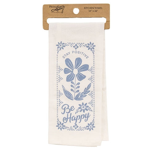 Stay Positive Be Happy Blue Floral Dish Towel 16"x26"