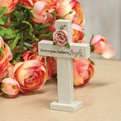 I Believe in Angels Resin Cross w/Rose