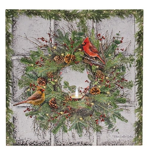 Snowy Cardinal Wreath Lighted Canvas 18"