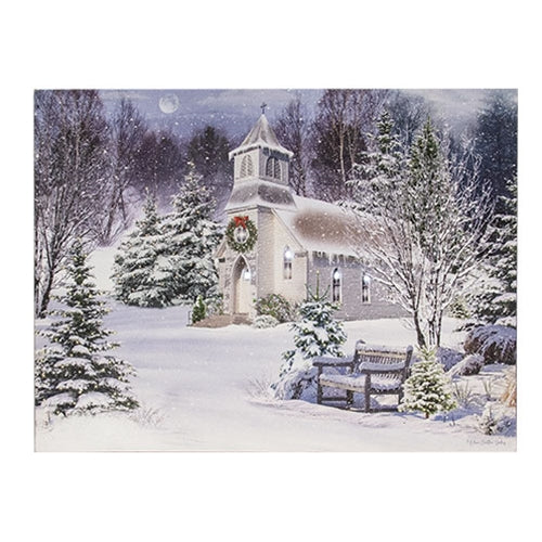 Winter Church Lighted Canvas 24" x 18"