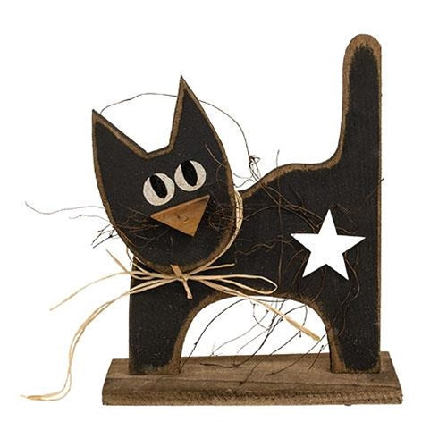 Rustic Wood Black Kitten w/White Star on Base