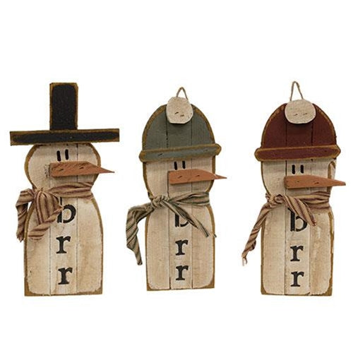 Hanging Lath "Brr" Top Hat or Beanie Snowman 3 Asstd.