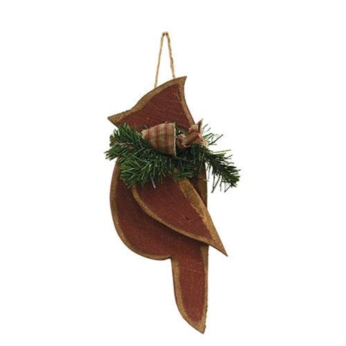 Rustic Wood Chunky Hanging Cardinal w/Pine & Bow Small