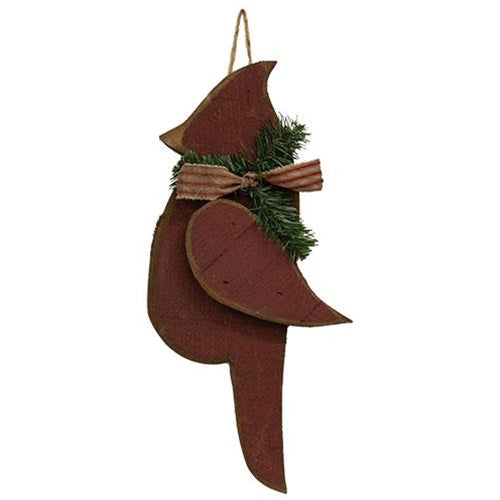 Rustic Wood Chunky Hanging Cardinal w/Pine & Bow Large