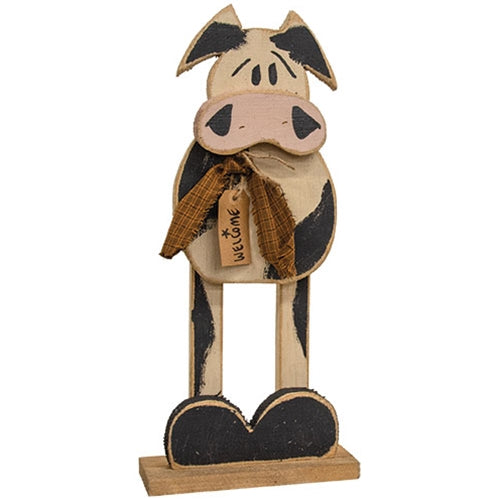 Rustic Wood Skinny Leg Welcome Cow on Base 21"H