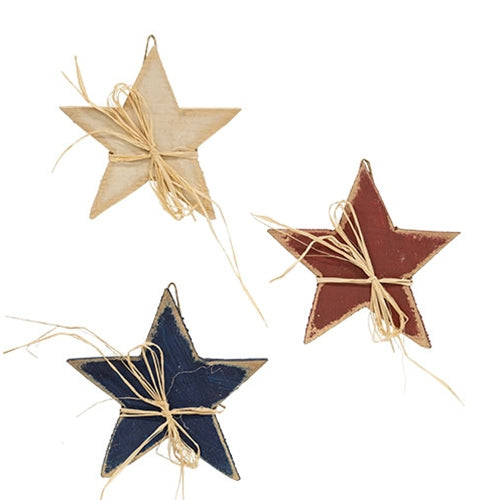 Distressed Wood Americana Star Hanger w/Raffia 9" 3 Asstd.