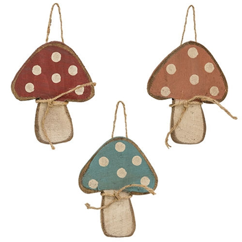 Rustic Wood Mushroom Ornament 3 Asstd.