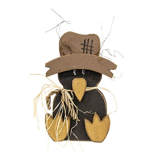 Rustic Wood Sitting Crow in Scarecrow Hat 17.5"