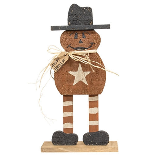 Rustic Wood Skinny "Happy Harvest" Pumpkin Man on Base