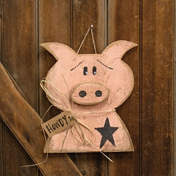 Rustic Wood Hanging Pig Bust w/Howdy Tag - 11.5"H