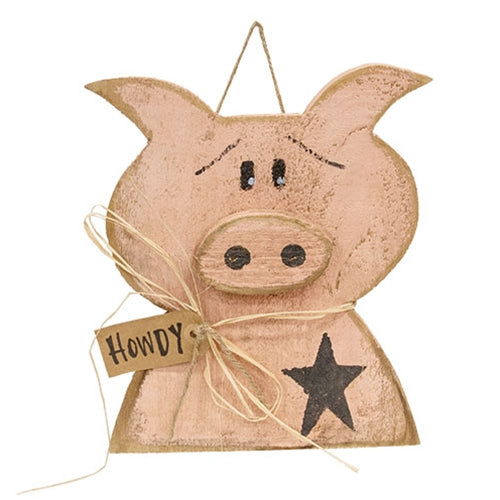 Rustic Wood Hanging Pig Bust w/Howdy Tag - 11.5"H