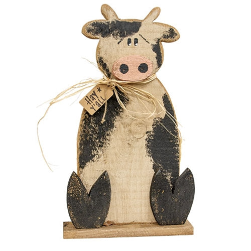 Rustic Wood Cow on Base w/Hay Y'all Tag - 24.5"H