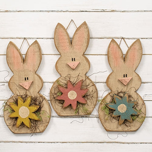 Rustic Wood Hanging Bunny w/Daisy  - 18"H - 3 Asstd.