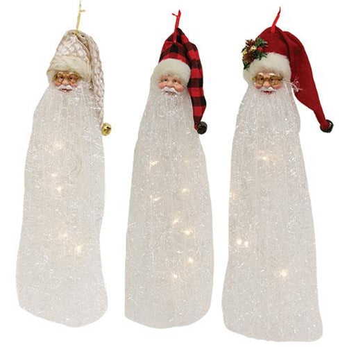 LED Tinsel Beard Santa Ornament 3 Asstd.