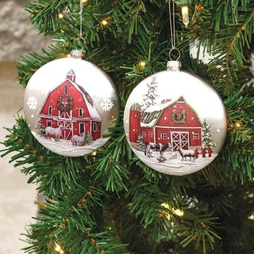 Glass Holiday Barn Christmas Ornament 2 Asstd.