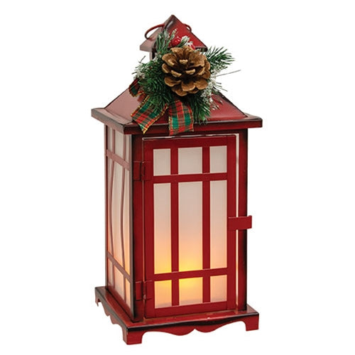 Distressed Red Metal Fireglow Lantern w/Winter Greenery 10"H