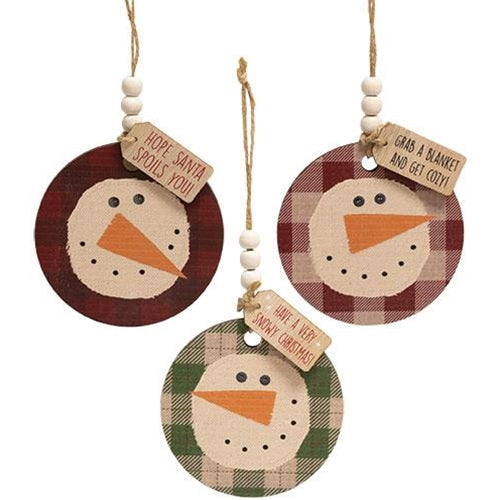 Buffalo Plaid Beaded Snowman Tag Ornament 3 Asstd.