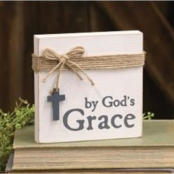 By God's Grace Square Block w/Jute & Cross Charm