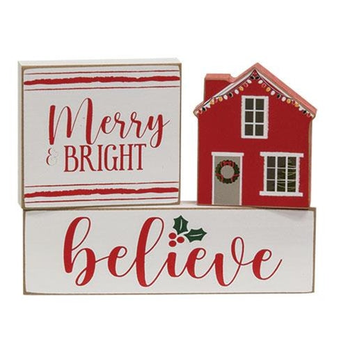 3/Set Merry & Bright Believe House Wooden Blocks