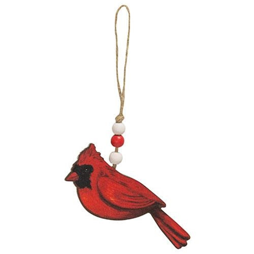 Wooden Cardinal Ornament w/Beaded Jute Hanger