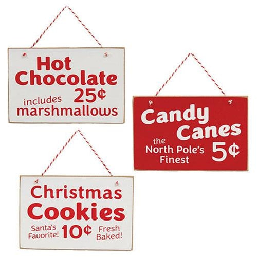 Candy Canes Hot Chocolate or Cookies Sign Ornament 3 Asstd.