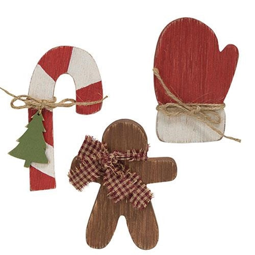 Candy Cane Mitten or Gingerbread Wooden Sitter 3 Asstd.