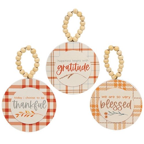 Thankful/Blessed/Gratitude Plaid Beaded Round Ornament 3 Asstd.