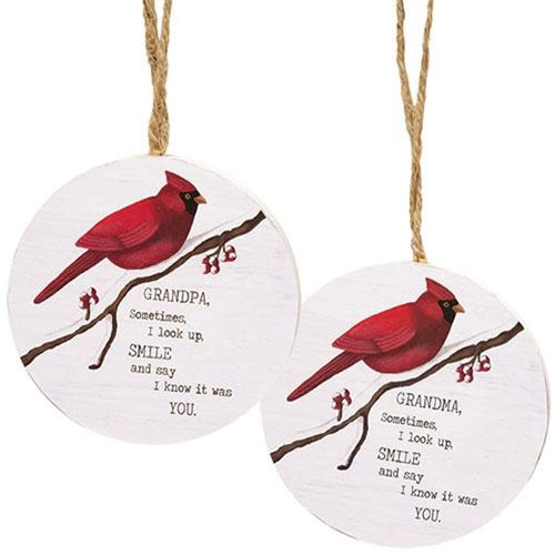 Grandma/Grandpa Round Cardinal Ornament 2 Asstd.