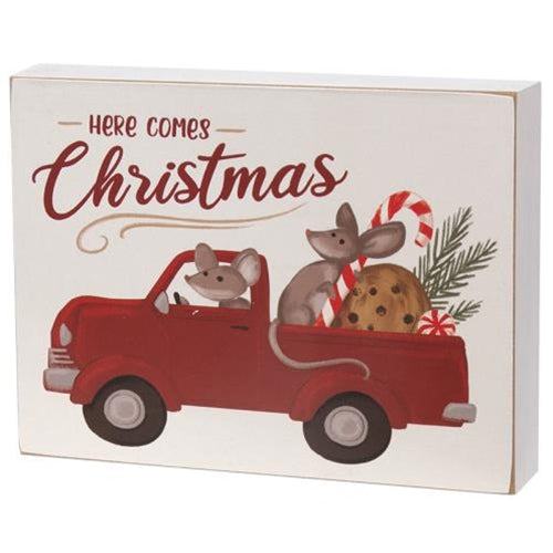 Here Comes Christmas Mice In Truck Box Sign