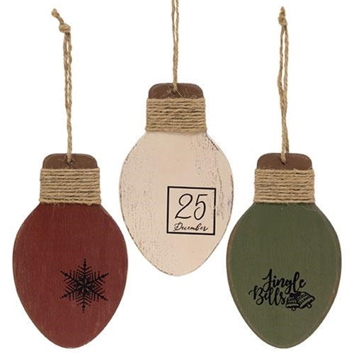 Distressed Wooden Christmas Light Ornament 3 Asstd.