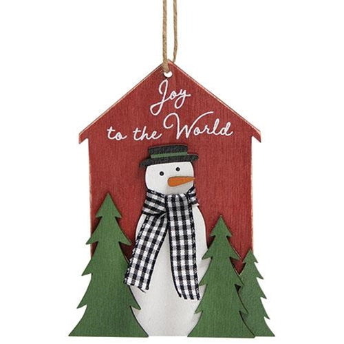 Joy to the World Snowman & Trees Wooden Ornament