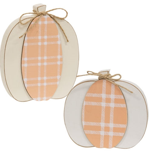 Cream & Orange Plaid Wooden Pumpkin Sitter 2 Asstd.