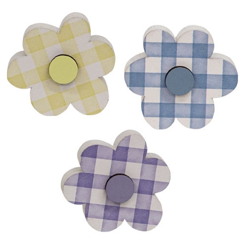 Wooden Gingham Check Button Flower Sitter 3 Asstd.