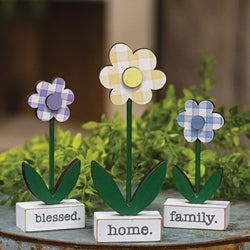 3/Set Home Blessed Family Gingham Check Daisies on Base