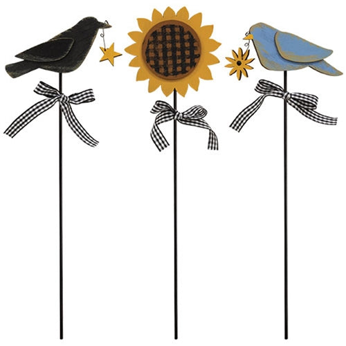 3/Set Bluebird Crow & Sunflower Plant Poke