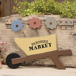 Wooden Farmers Market Wheelbarrow Sign w/Springy Flowers