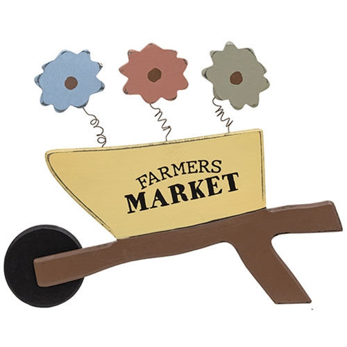 Wooden Farmers Market Wheelbarrow Sign w/Springy Flowers